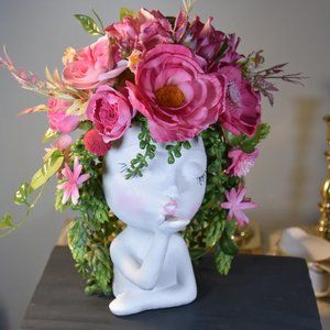 Bright cheerful and fun! Girl blowing kisses planter/vase w/Sola wood flowers